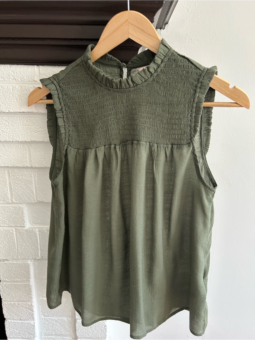 Nanette Lepore Olive Green Smocked Yoke Sleeveless Top